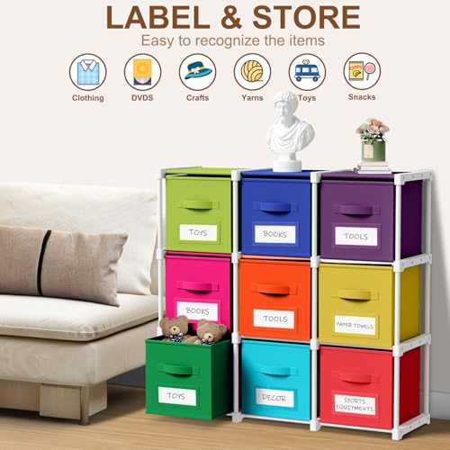 Geelin 9 Cube Toys Storage Organizer with Fabric Bins and Labels, 11 Inch Collapsible Cubby Storage Drawers Colorful Dresser with Shelf for Playroom Nursery Closet Bedroom Dorm Decor - color: Rainbow