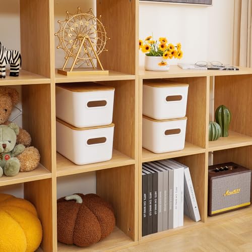 Citylife Storage Bins with Bamboo Lids 7QT Plastic Storage Containers Stackable Organizer Boxes with Handle for Desk Snacks, Toys, 4 PCS, 10" L x 7" W x 5.8" H - size: Small, style: 4 Pack