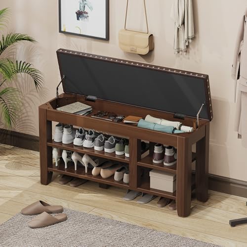 Shoe Bench for Entryway, Solid Rubberwood Shoe Bench with Hidden Storage, Adjustable 2-Tier Shelves & Soft PU Leather Seat, Shoe Rack Durable Easy Assembly for Hallway or Bedroom - Brown, 39.4" - color: Brown, size: 39.4"W x 11.82"D x 20.47"H