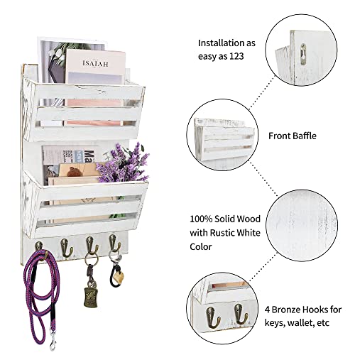 Unistyle Mail Holder with Key Hooks Mail Organizer Wall Mount Hanging Mail Organizer for Home,Office,Entryway,Mail Holder Wall Mounted for Letter, Magazines, Keys, Leashes - color: Rustic White