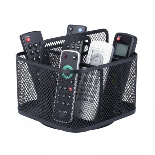 360° Rotating Remote Control Holder, Metal Mesh 5 Compartments Remote Caddy with Handle for Desk or Nightstand Storage, Space-Saving Desk Organizer Style Supply Organizers for Office Desk Accessories