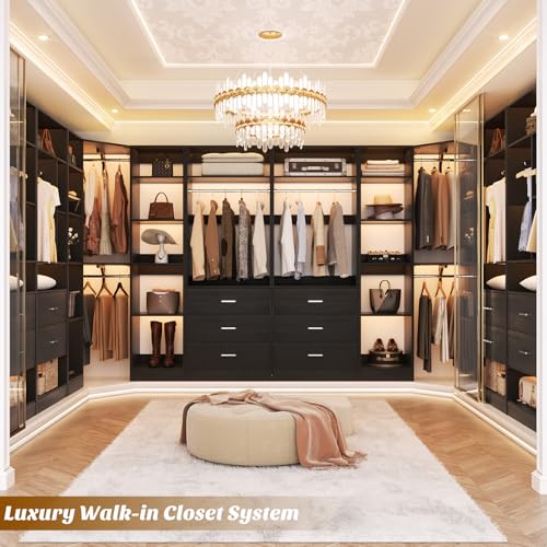Besiost Corner Closet System with 5 Drawers, Closet Organizer System with 15+Shelvess & 4 Hanging Rods, 63.2"L * 63.2"W / 87.2"L * 39.2"W Reversible L Shaped Walk-in Closets, Load 2500+LBS, Black - color: Black, size: 63.2" * 63.2"