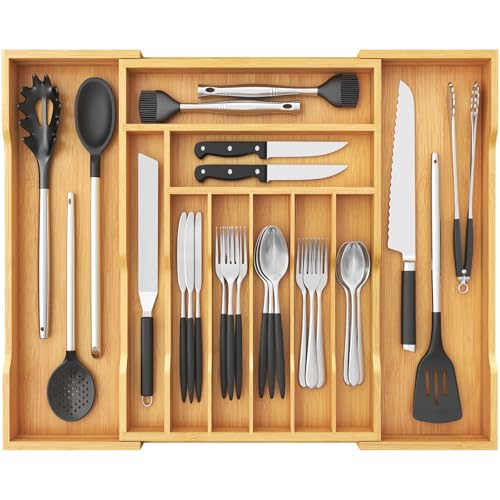 Lifewit Silverware Drawer Organizer, Expandable Utensil Tray for Kitchen, Flatware and Cutlery Holder, Wood Adjustable Storage for Spoons Forks Knives, 17-28 x 18.5, Natural - color: Natural, size: 17~28''W x 18.5''D