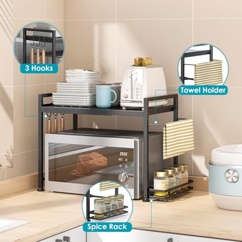 DOLALIKE Microwave Oven Rack, Expandable Microwave Stand Kitchen Countertop Organizer Utensils Storage, Carbon Steel Over Microwave Shelf with 3 Hooks (Black, 2 Tier- With Storage) - color: Black, size: 2 Tier (With Spice Rack)