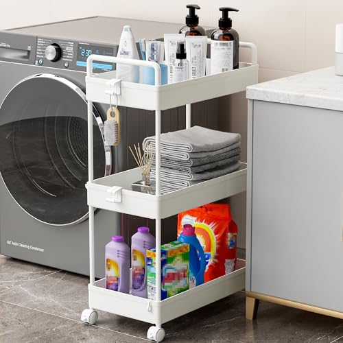 Ronlap 3 Tier Slim Rolling Storage Cart with Wheels Plastic Utility Cart Organizer for Snack Craft Art Postpartum Baby Diaper Nail Makeup in Bathroom Laundry Room Kitchen Bedside Narrow Space, White - color: White