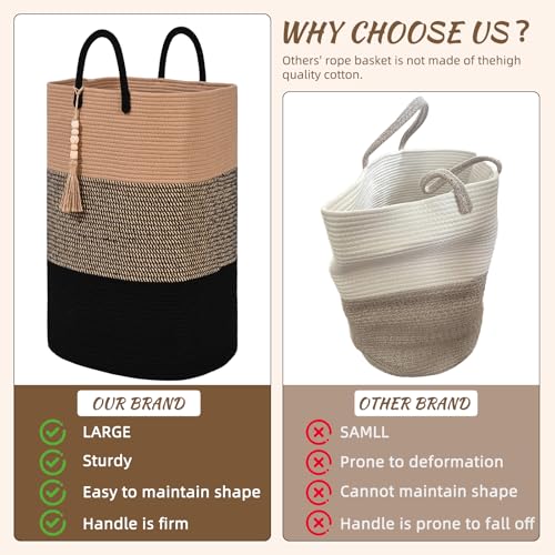 Woven Laundry Basket for Clothes, 50 L Large Rectangle Laundry Hampers with Beads Tassel, Nursery Storage Basket for Toys, Tall Dirty Clothes Hamper for Bedroom Aesthetic, Laundry Room Organization - color: Brown&Black, size: 50L