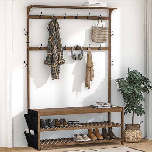AMBIRD 6-in-1 Bamboo Hall Tree with Shoe Storage, Entryway Organizer Shoe Bench with 16 Coat Hooks and Cloth Bag, Sturdy Bamboo Storage Bench, 46 * 15 * 70 inches Brown - style: Classic, 47''L