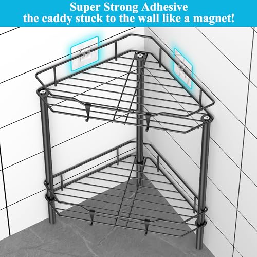 HuggieGems 2 Tier Floor Standing Corner Shower Caddy Organizer Shelf with Hooks, Bathroom Shelves Stand Rack, Black - color: Black, size: 2 Tier