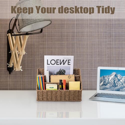 DINGTAI Woven Mail Organizer, Mail Organizer Countertop, Natural Tabletop Mail Holder, Rattan Desk Organizer, Boho Office Desk Accessories, Mail Basket for Bill Mail Papers Letters(Brown) - color: Brown