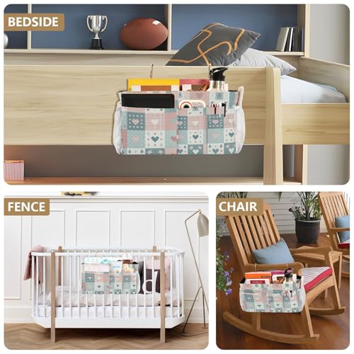 Bedside Caddy Hanging Storage Bag Simple Checkered Hearts Bedside Organizer Caddy for Bunk, Dorm Room, Hospital Beds - Place Magazines / Remotes / Keys