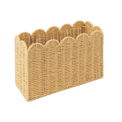 Paper Rope Magazine Holder for Floor, Wicker Magazine Basket, Tall Narrow Book Basket & File Holder for Books, Mail, Newspapers & Papers, Scalloped Storage Basket for Living Room, Office, Bedroom - color: Khaki(Paper Rope)