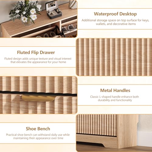HUANLEGO Shoe Cabinet Storage for Entryway with 6 Flip Drawers, Oak Fluted Shoe Cabinet with Adjustable Shelves, Wooden Hidden Shoe Rack Freestanding Narrow Slim Shoes Storage for Hallway, Entrance - color: Oak, size: 6 Drawer