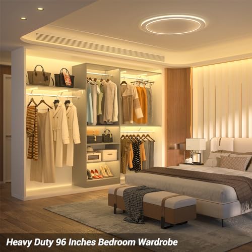 iSunirm 8FT Closet System with Shelves, 96'' Closet Organizer System with 3 Hanging Rods, Wall Mount Bedroom Wardrobe Walk-in Closet, Adjustable Cloth Garment Rack from 5 to 8FT (Cut to Fit), Grey - color: Grey