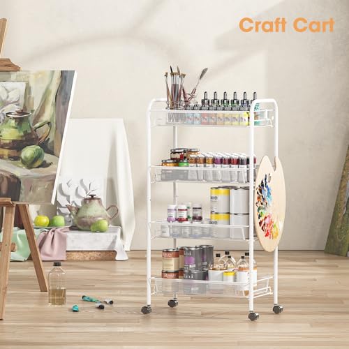 TOOLF 4-Tier Rolling Cart, Metal Utility Cart with 3 Hooks, Easy Assemble Mobile Storage Trolley On Wheels, Metal Shelving Units Kitchen Bathroom Laundry Room - color: White, size: 4-Tier