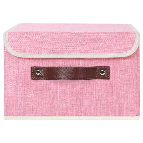 ANMINY Storage Bin with Lid Storage Boxes with PU Leather Handles PP Plastic Board Decorative Foldable Lidded Cotton Linen Fabric Home Cubes Baskets Closet Organizer Container - Pink, Small Size - color: Pink, size: Small (Pack of 1)