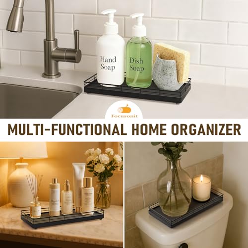 Bathroom Vanity Tray for Countertop, 12" x 6" Oak Wood Toilet Tank Tray with Metal Guardrail, Bathroom Organizer for Soap, Perfume & Skincare, Non-Slip Decorative Tray for Dresser & Vanity, Black - color: Black, size: 12" x 6" x 1.5"