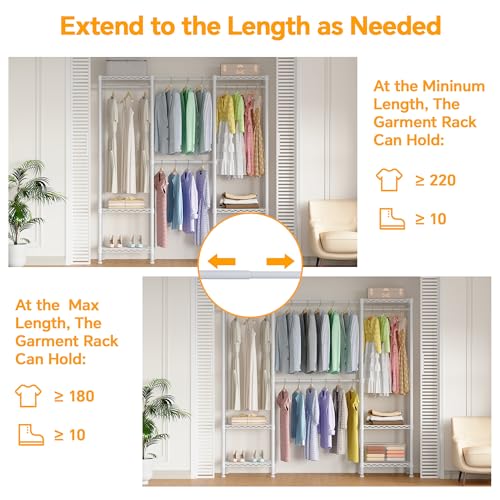 Higeego H10 Expandable Clothes Rack Clothing Rack for Hanging Clothes, Heavy Duty Garment Rack, Freestanding Wardrobe Closet Organizer with Hanger Rods, Extendable from 4.6 to 5.1 ft, White - color: White, style: 3 Row
