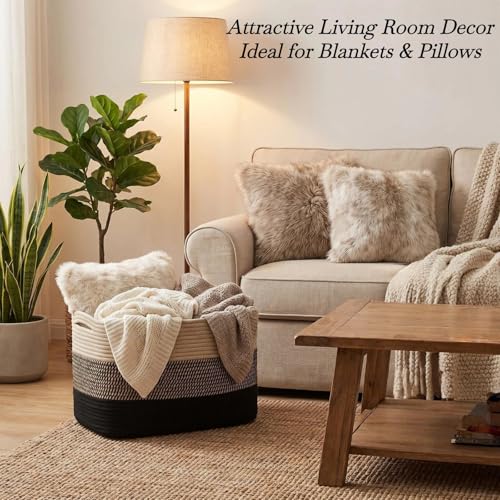 Optish 75L Large Blanket Basket, Woven Storage Baskets with Reinforced Handles, Rope Laundry Basket for Living Room, Bedroom, Nursery, Toys, Clothes, Pillows, 22” x 17” x 11.5”, Black & Brown - color: Black & Brown, size: 22" x 17" x 11.5"(75L)