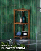 BLUEWEST 3-Tier Corner Shower Caddy Stand, Wood Shower Organizer Standing with Anti-Slip Feet, Waterproof & Durable Bathroom Corner Shelf, Space-Saving Design Storage for Kitchen or Living Room