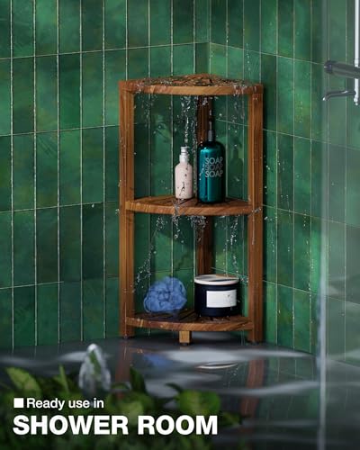 BLUEWEST 3-Tier Corner Shower Caddy Stand, Wood Shower Organizer Standing with Anti-Slip Feet, Waterproof & Durable Bathroom Corner Shelf, Space-Saving Design Storage for Kitchen or Living Room