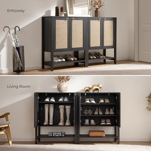 SICOTAS Shoe Cabinet with Storage - 3 Pieces Farmhouse Boho Shoe Organizer with Rattan Doors & Shelves, 5 Tier Free Standing Shoe Rack Storage Cabinet for Entryway, Hallway, Foyer, Closet (Obsidian) - color: Obsidian, size: 3 Pieces
