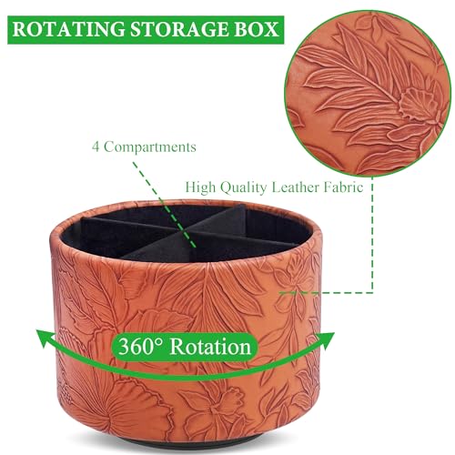Hennaja Round Leather Art Supply Organizer,Remote Control Holder,360 Degree Spinning,Multi-Functional Pencil Holder,4 Compartments Desktop Stationary Organizer(1-Carved Brown) - color: 1-Carved Brown