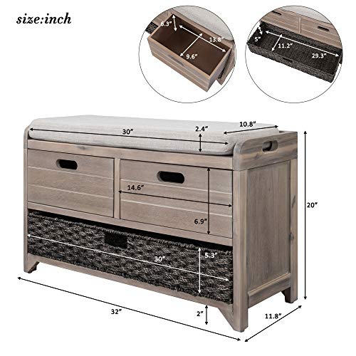 Fully Assembled Solid Acacia Wood Storage Bench - Shoe Organizer with 2 Drawers, Removable Basket & Padded Cushion, Rustic Entryway Bench (White Washed) - color: White Washed