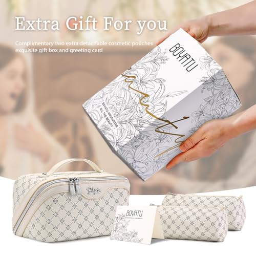 BOYATU Travel Makeup Bag Cosmetic Bags for Women: 3 Pcs Set Large Capacity Make up Bag with Handle - Vegan Leather Toiletry Bags with Compartments - Makeup Organizer for Travel Essentials(A-8-White) - color: A-8-White