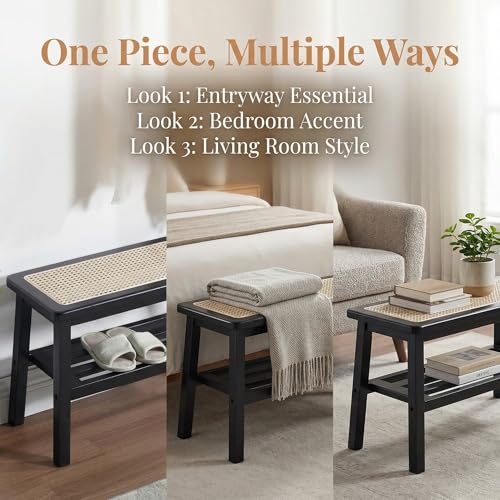 ROCITY Black Rattan Entryway Bench Wood Bench with Shoe Rack 30 Inch Small Bench Seat Storage Indoor Wooden Dining Bench Farmhouse Vintage Rustic Accent Bench for Porch/Dining Room/Living Room - color: Black
