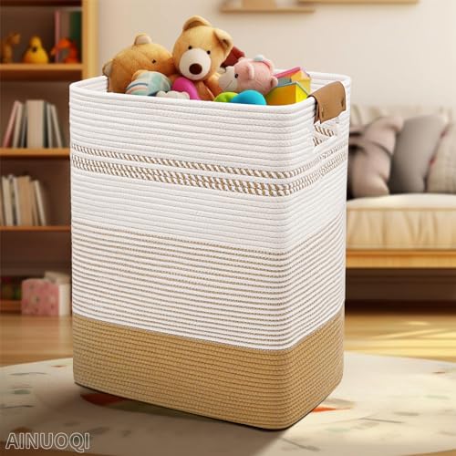 Large Laundry Hamper Basket, 85L Cotton Rope Woven Storage Bin for Blankets, Dirty Clothes Toys, Decorative Tall Basket with Leather Handles for Living Room, Bedroom, Bathroom, Nursery, Jute - color: Jute & White, size: 85L