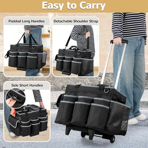 HODRANT Large Cleaning Caddy with Detachable Trolley & Shoulder Strap, Cleaning Supplies Bag with Handles & Support Plates, Cleaning Product Rolling Organizer for Car Wash and Housekeeping