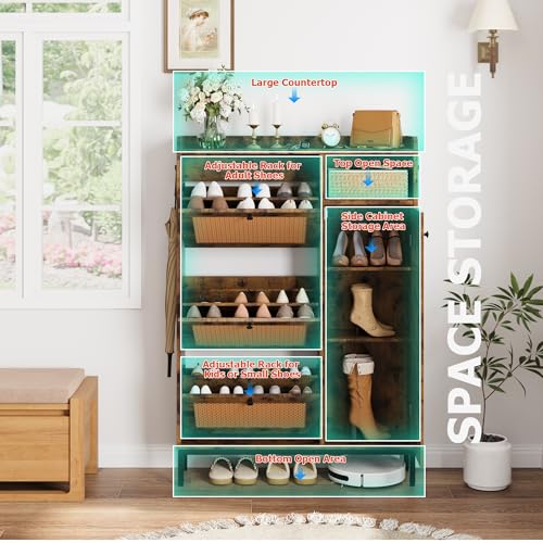 GarveeHome Shoe Cabinet Rattan with 3 Flip Drawers and 4-Tier Shoe Storage Cabinet, Freestanding Shoe Organizer with Adjustable Shelves for Entryway, Closet, Hallway (Brown) - color: Brown, size: 3-Drawers + 1-Door