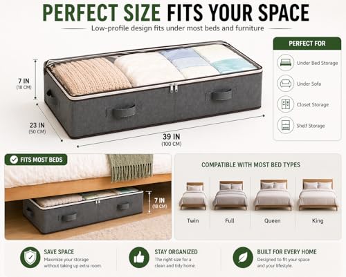 Under Bed Storage Containers 90L set 4 bags, Closet Organizers and Storage Bins, Foldable Underbed Storage Bags for Wrapping Paper, Blanket, Clothing, Comforter, Sweaters, Pillows, Linen Sheets, Grey