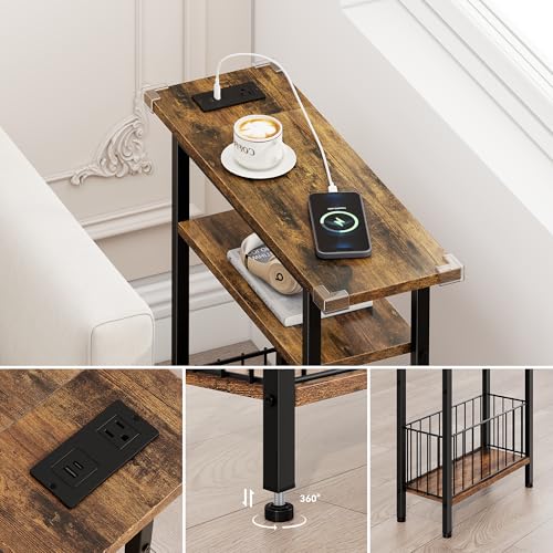 Vagusicc Narrow Side Table with Charging Station, 3-Tier Skinny Side End Table for Couch Sofa, Small End Side Tables for Small Spaces, 25.2" Tall Slim Nightstand for Living Room, Bedroom, Rustic Brown - color: Rustic Brown, style: With Plug