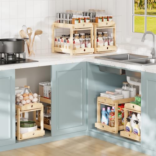 APRTAT 2 Pack Under Sink Organizer, Bamboo Wooden 2-Tier Pull-Out Storage with Sliding Drawers for Kitchen and Bathroom Cabinets, Easy Installation (Natural) - color: Natural