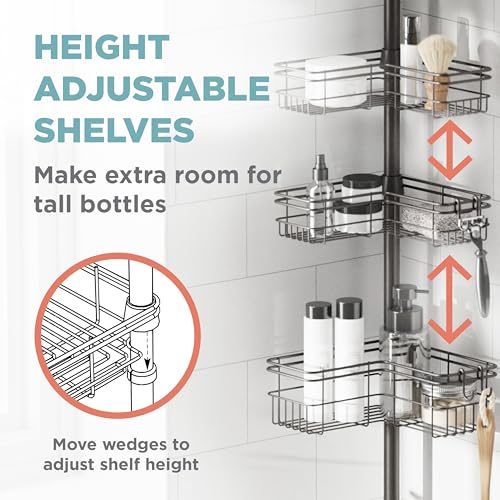Zenna Home Tension Pole Shower Caddy Corner Organizer, Adjustable Standing Shower Caddy with 4 L-shaped Baskets and Hooks, Rust Resistant Bathroom Tension Rod Organizer, 60 to 97 Inch, Bronze - color: Bronze