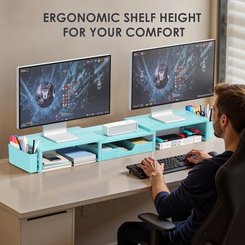 OPNICE Desk Organizers and Accessories, Dual Monitor Stand Riser with Drawer and 2 Pen Holders, Desk Shelf Metal Computer Monitor Stand for Office Workspace Organizers, Desktop Organization (Blue Metal) - color: Blue Metal, size: With drawer and pen holde
