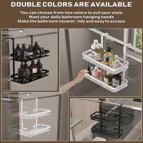 White Over Door Shower Caddy, Rustproof Bathroom Organizer, 2-Tier Storage Rack, 11.81x5.31 Inch Shelves, No Drilling Required