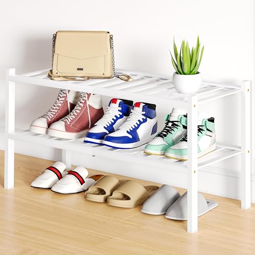 Smiry Shoe Rack, 2 Tier Bamboo Shoe Organizer, Stackable Free Standing Wooden Shoe Storage Shelf for Closet, Entryway, Front Door Entrance, White - color: White, size: 26.80" Wide - 2 Tier - Regular