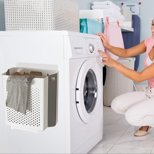 Collapsible Laundry Basket, Wall Mounted Hamper with Handle, Space-Saving Foldable Storage Dirty Washer Organizer, Hanging Multi-function Container for Home, Dorms, RVs, 11 x 6.3 x 11.4 Inch