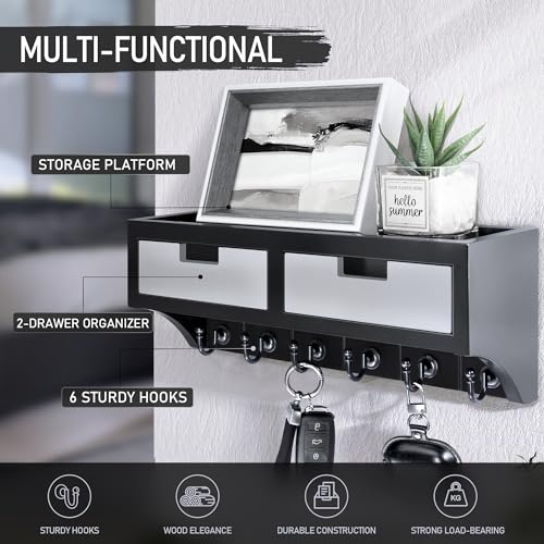 Rebee Vision Key Holder Wall Mount with 2 Organizer Drawers : Decorative Mail Organizer for Wall with 6 Key Hooks and Small Wall Shelf - Modern Aesthetic Room Decor (Black & Gray) - color: Black & Gray, style: 2-Drawer