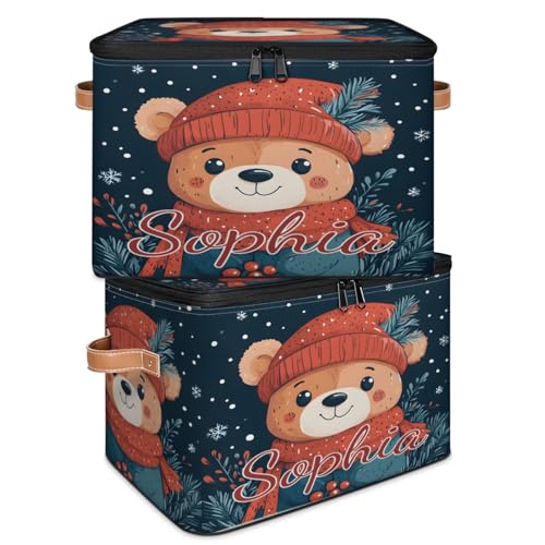 Custom Storage Basket with Name, Personalized Storage Bins with Zipper Lid, Foldable Fabric Storage Box Large capacity with Handle Red Hat Scarf Bear - color: Option 14