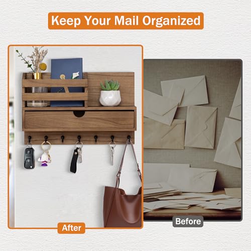 dreampossible Key and Mail Holder for Wall, Mail Organizer Wall Mount with 6 Hooks and Storage Drawer, Wooden Key Rack Hanger with Shelf for Entryway and Home Decor - color: Brown, size: Large(13.4''x8.7'')
