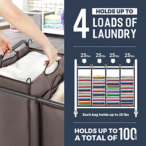 STO STO Laundry Sorter 4 Section, 4 Bag Clothes Hamper, Rolling Laundry Cart Basket with Heavy Duty Lockable Wheels and Removable Bag for Laundry Room, Bedroom, Closet, Brown - color: Brown, size: 4-Section