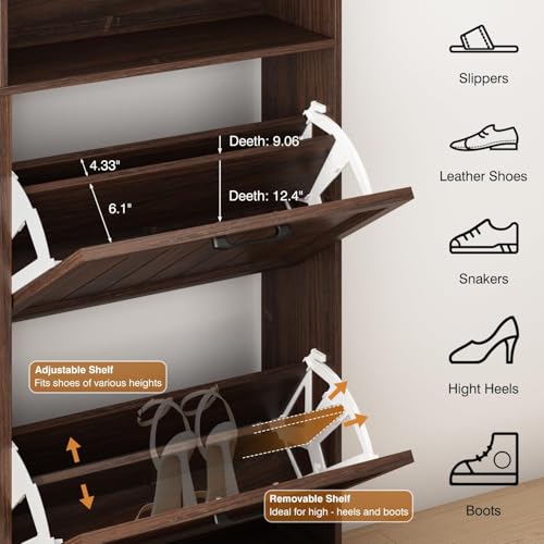 Shoe Storage Cabinet with 4 Flip Drawers, Farmhouse Modern Hidden Shoes Rack Cabinet with Adjustable Shelves & Open Storage, Narrow Slim Shoe Organizer for Front Door Entrance, Entryway, Walnut - color: Brown, size: 4-Drawers