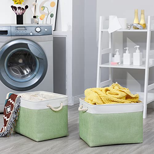 Bidtakay Baskets Fabric Closet Organizer Set of 2 Green Collapsible Storage Bins with Handles 16x12x12 in Large Decorative Tall Baskets for Shelves Nursery Baby Toys Storage Living Room Decor - color: White&Green, size: 2 Pack-L-16x11.8x11.8 In