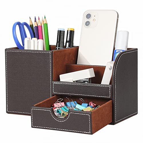 KINGFOM Desk Organizer Office Supplies Caddy Pu Leather Multi-function Storage Box Pen/Pencil,Cell phone, Business Name Cards Remote Control Holder with Small Drawer Brown - color: Brown