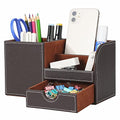 KINGFOM Desk Organizer Office Supplies Caddy Pu Leather Multi-function Storage Box Pen/Pencil,Cell phone, Business Name Cards Remote Control Holder with Small Drawer Brown - color: Brown