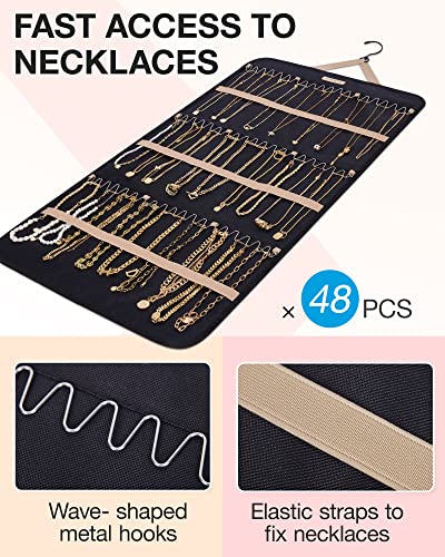 BAGSMART Hanging Jewelry Organizer Storage Roll with Hanger Metal Hooks Double-Sided Jewelry Holder for Earrings, Necklaces, Rings on Closet, Wall, Door, 1 piece, Extra Large, Black - color: Black, size: X-Large