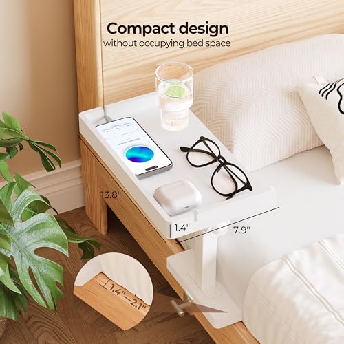 Wealone Adjustable Bedside Shelf for Bed, White College Dorm Room Essentials, Bamboo Bed Side Tray Table with Sturdy Metal Pole, Clip On Nightstand Organizer for College, Apartment, Bunk Beds - color: White